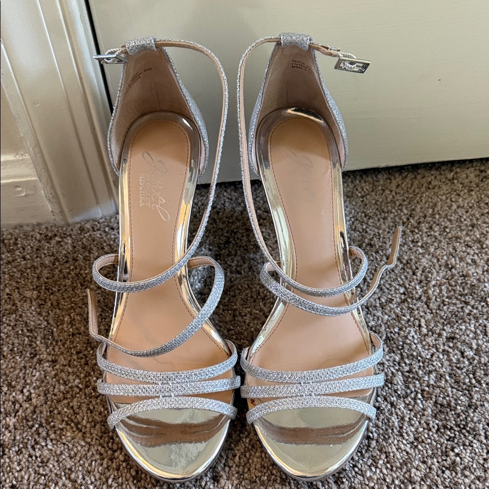 Women’s Badgley Mischa Silver Glitter Strappy Heeled Sandals with Ankle Strap